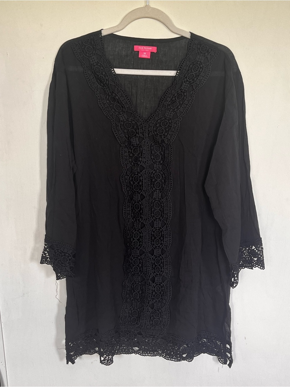 Isaac Mizrahi Black Crochet Lace Swim Cover Up Tunic Size M Beach Resort